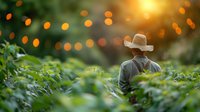 Asian male farmer in straw hat working in green vegetable field at sunset with bokeh lights, back view. Agricultural lifestyle and organic farming concept.