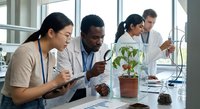 Diverse team of scientists examining plant specimen with magnifying glass in modern laboratory conducting botanical research and environmental studies.