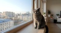 Gray tabby cat sitting by large window overlooking urban cityscape in modern apartment interior with natural lighting and houseplants creating cozy home atmosphere.