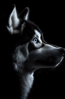 Dramatic side profile of Siberian Husky with piercing blue eyes against black background, highlighting white and gray fur details in low key lighting style.