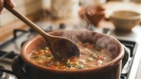 Wooden spoon stirring hot lentil soup in clay pot on gas stove, steam rising, rustic kitchen setting for cooking and food preparation.