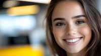 Young attractive Caucasian woman with brown hair smiling warmly at camera in modern office or cafe setting with soft bokeh lighting in background.