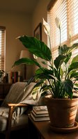 Lush green houseplant in terracotta pot on wooden table in cozy living room with warm sunlight streaming through window blinds creating peaceful home atmosphere.