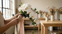 Young woman arranging white orchid flowers with green foliage and pink ribbon in bright studio setting, florist creating elegant floral arrangement for wedding or event decoration.