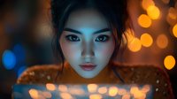 Young Asian woman illuminated by magical glowing light from digital device, with bokeh lights creating dreamy atmosphere against dark background. Cinematic portrait mood.