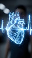 Digital holographic human heart with glowing blue wireframe and heartbeat pulse line for medical technology and healthcare innovation concepts.