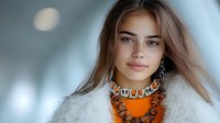 Young blonde Caucasian woman wearing orange statement necklace and white fuzzy sweater with soft natural makeup and long hair for fashion and lifestyle content.