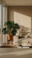 Modern living room interior with monstera plant in terracotta pot creating dramatic shadows on beige wall from natural sunlight through large windows.