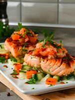 Grilled salmon fillets with fresh herbs and colorful vegetables on white plate in modern kitchen setting for healthy cooking and dining concepts.