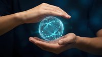 Hands protecting glowing digital network sphere with connected lines representing global communication, technology protection and cybersecurity concepts.