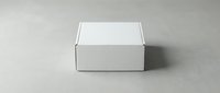 White cardboard box mockup on gray concrete background, closed square packaging template for branding, product presentation and delivery design.