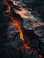 Glowing lava flows through dark volcanic rock cracks, creating intense orange and yellow heat patterns. Ideal for geology, nature, and disaster-related projects.