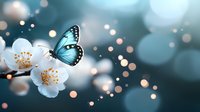 Delicate blue morpho butterfly landing on white cherry blossom against dreamy turquoise bokeh background with glowing light particles and soft focus effect.