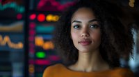 Young African American businesswoman with natural curly hair in front of blurred stock market data display showing financial charts and market trends in modern office environment.