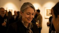 Mature woman with gray hair smiling warmly at art gallery opening event with blurred crowd and artwork in background creating elegant cultural atmosphere.