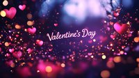 Romantic Valentine's Day background with glowing pink hearts, sparkles and bokeh lights on dark purple backdrop. Festive love concept design.