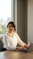 Professional South Asian businesswoman working on laptop in modern office with city view for corporate presentations and business content.