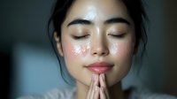 Young Asian woman with glowing dewy skin and natural makeup meditating with prayer hands, eyes closed, expressing peace and mindfulness in soft moody lighting.