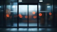 Atmospheric night view of modern glass entrance doors with blurred bokeh lights creating moody ambiance, suitable for business and architectural concepts.