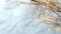 Elegant marble texture with golden branches and glowing sparkles on white surface creates luxurious natural stone pattern for interior design background.
