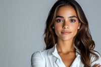 Young Hispanic businesswoman with confident smile wearing white blouse against gray background. Professional headshot with natural makeup and wavy brown hair.