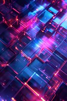 Abstract geometric cubes with neon pink and blue lighting effects creating futuristic technological pattern, glowing in dark space with reflective surfaces.