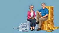 Senior couple sitting on stacks of gold and silver coins representing retirement savings and financial security for elderly planning.