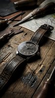 Vintage wristwatch with leather strap displayed on rustic wooden surface alongside antique tools and navigation map for adventure and exploration themes.