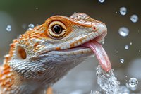 Orange bearded dragon lizard head in macro shot with water droplets and splashing water, showing detailed scales, eye, and tongue against blurred background.