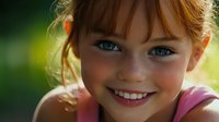 Young girl with red hair and bright blue eyes smiling outdoors in natural sunlight, showing genuine happiness and joy against green bokeh background.