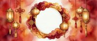 Circular frame with red and gold lanterns, ornaments, and decorative elements on warm gradient background. Suitable for lunar new year, festive greetings, and holiday designs.