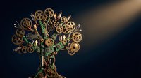 Steampunk mechanical tree with brass gears, cogs and vintage machinery parts on dark background. Industrial fantasy art concept for creative projects.