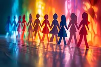 Paper cutout chain of women silhouettes holding hands against colorful rainbow background with soft bokeh lights creating unity and solidarity concept.