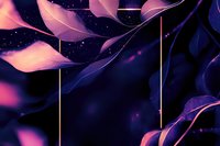 Mystical pink leaves float against deep purple night sky with golden geometric lines and glowing particles creating dreamy atmospheric composition.