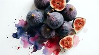 Fresh ripe figs with watercolor paint splashes on white background. Organic purple fruit cut in half showing red flesh. Artistic food photography.