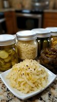 Homemade fermented vegetables and pickles in glass jars with metal lids on kitchen counter, fresh sauerkraut served in white bowl, traditional preservation methods.