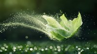 Green leaf disintegrating into magical sparkles and dust particles against dark background with bokeh lights, capturing moment of natural transformation.