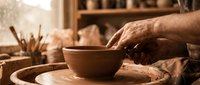 Artisan potter shaping clay on spinning wheel in warm studio workshop with natural light and wooden shelves in background.