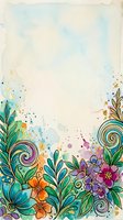 Colorful watercolor floral border with swirls, green leaves, purple and orange blooms, gold splatter on aged paper background with copy space.