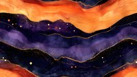 Mystical mountain landscape with gold veined layers in orange and purple hues against starry night sky, watercolor abstract background with flowing waves.