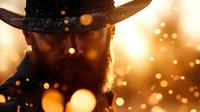 Mysterious bearded man in black hat silhouetted against golden bokeh lights background, dramatic portrait with glowing particles and atmospheric lighting effect.