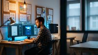 Young male programmer working on multiple computer monitors in modern home office with wooden desk and creative wall decorations during evening hours.