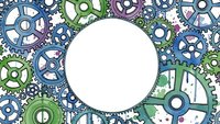 Colorful mechanical gears and cogs frame with white circle space for text. Industrial steampunk machinery background for engineering designs.
