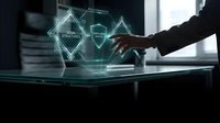 Businessman touching glowing holographic legal compliance interface with policy framework icons above a glass desk in dark office.
