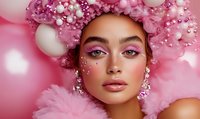 Young mixed race woman with pink makeup, pearls and rhinestones decoration, wearing pink tulle on pink background. Creative fashion beauty portrait.
