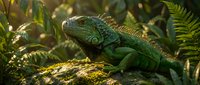 Green iguana resting on moss-covered log in tropical rainforest with ferns and dappled sunlight filtering through canopy creating natural wildlife habitat scene.