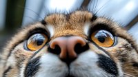 Close-up portrait of adorable tabby cat with large golden eyes and pink nose looking directly at camera with curious expression for pet photography.