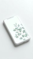 White smartphone displaying watercolor eucalyptus leaves on screen, isolated on light background. Suitable for app design, botanical wallpaper, and mobile mockups.