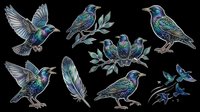 Iridescent starling birds clipart set isolated on transparent background, ready for t-shirt design, stickers, sublimation, and print on demand projects.