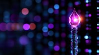 Glowing pink and blue fiber optic light against dark background with colorful bokeh circles creating magical atmosphere for technology and communication concepts.